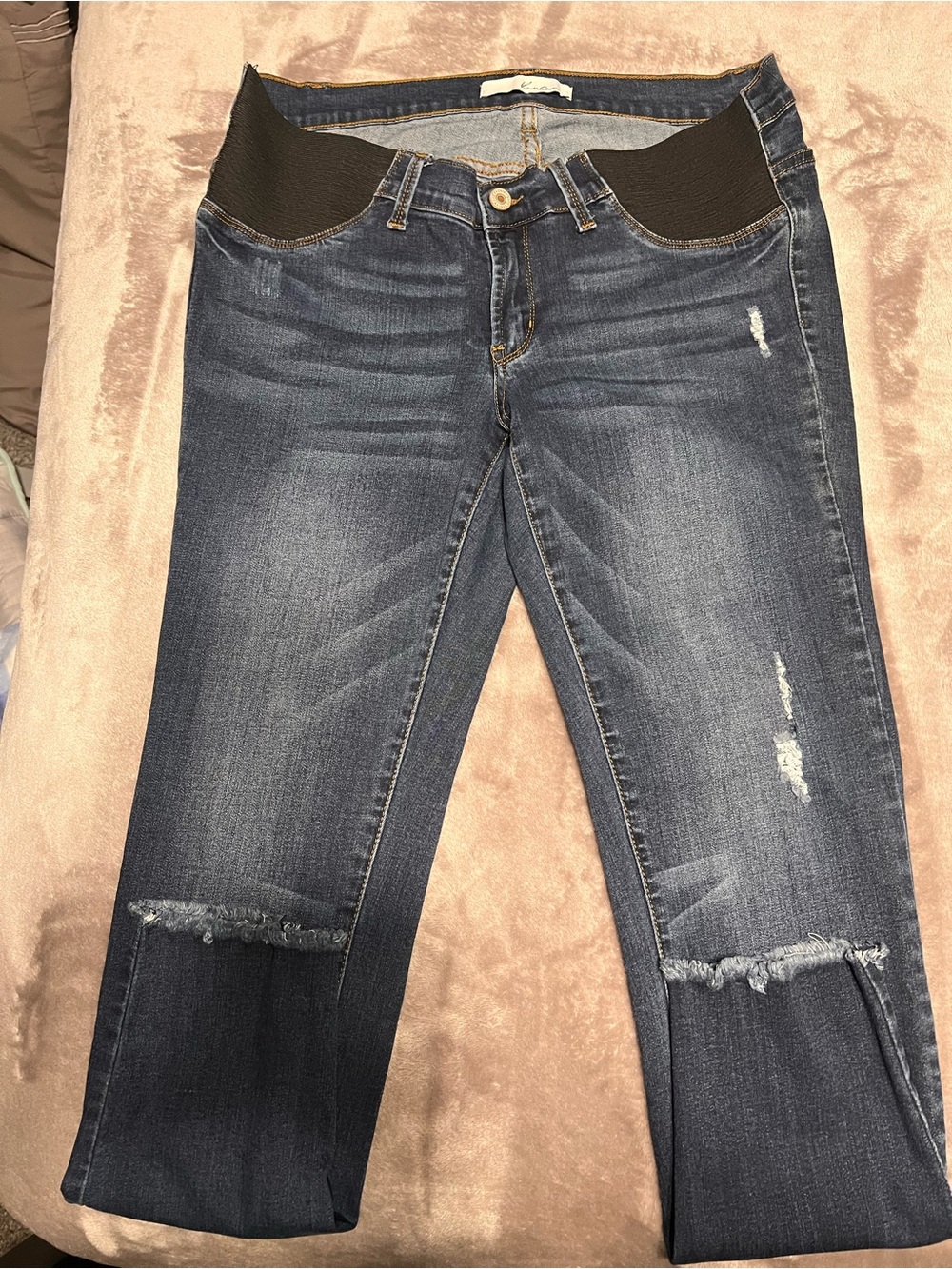 KanCan Dark Blue Distressed Maternity Overalls Jeans